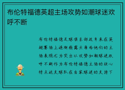 布伦特福德英超主场攻势如潮球迷欢呼不断