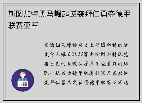 斯图加特黑马崛起逆袭拜仁勇夺德甲联赛亚军