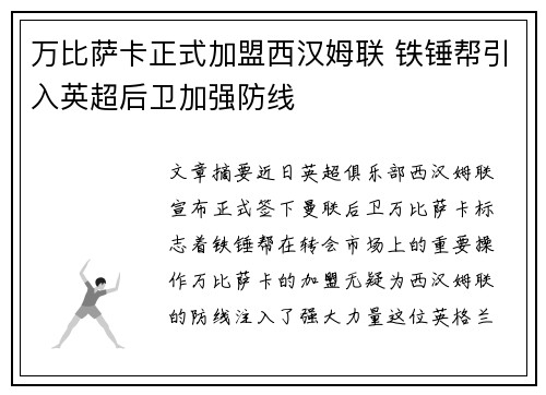 万比萨卡正式加盟西汉姆联 铁锤帮引入英超后卫加强防线 万比萨卡正式加盟西汉姆联 铁锤帮引入英超后卫加强防线